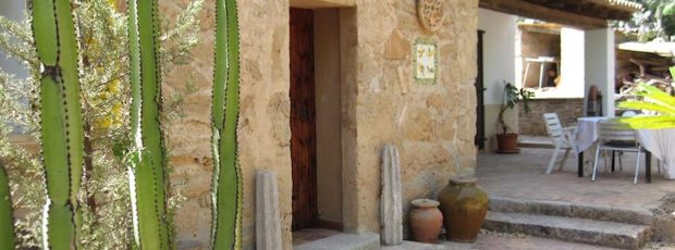 The porch from the garden: tall cactus beside the warm stone wall, an open timber door, and a table set under the eaves beyond.